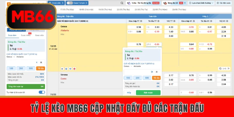 Tỷ lệ kèo MB66 cập nhật đầy đủ các trận đấu
